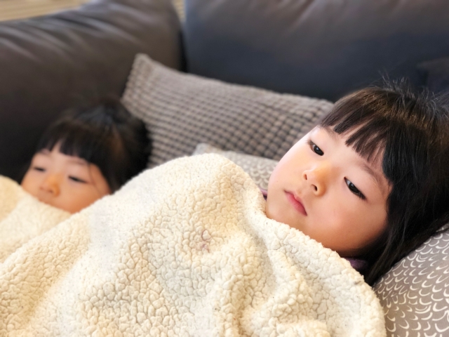 ソファの上で毛布にくるまった幼い姉妹